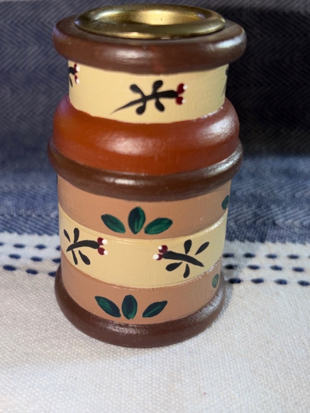 Hand-Painted Cream & Brown Decorative Taper Candle Holder
